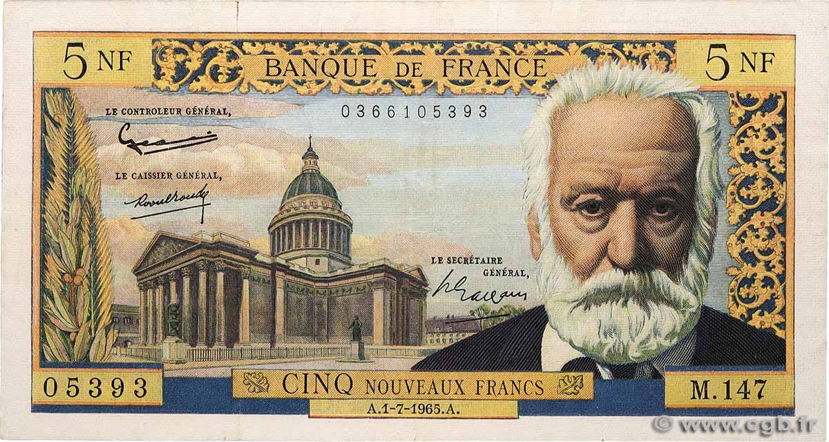 5 Nouveaux Francs VICTOR HUGO FRANCE  1965 F.56.19 F+