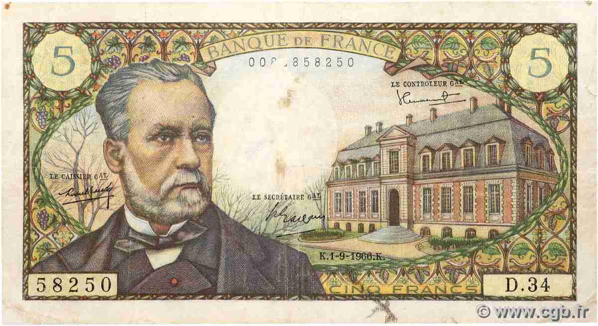 5 Francs PASTEUR FRANCE  1966 F.61.03 VG