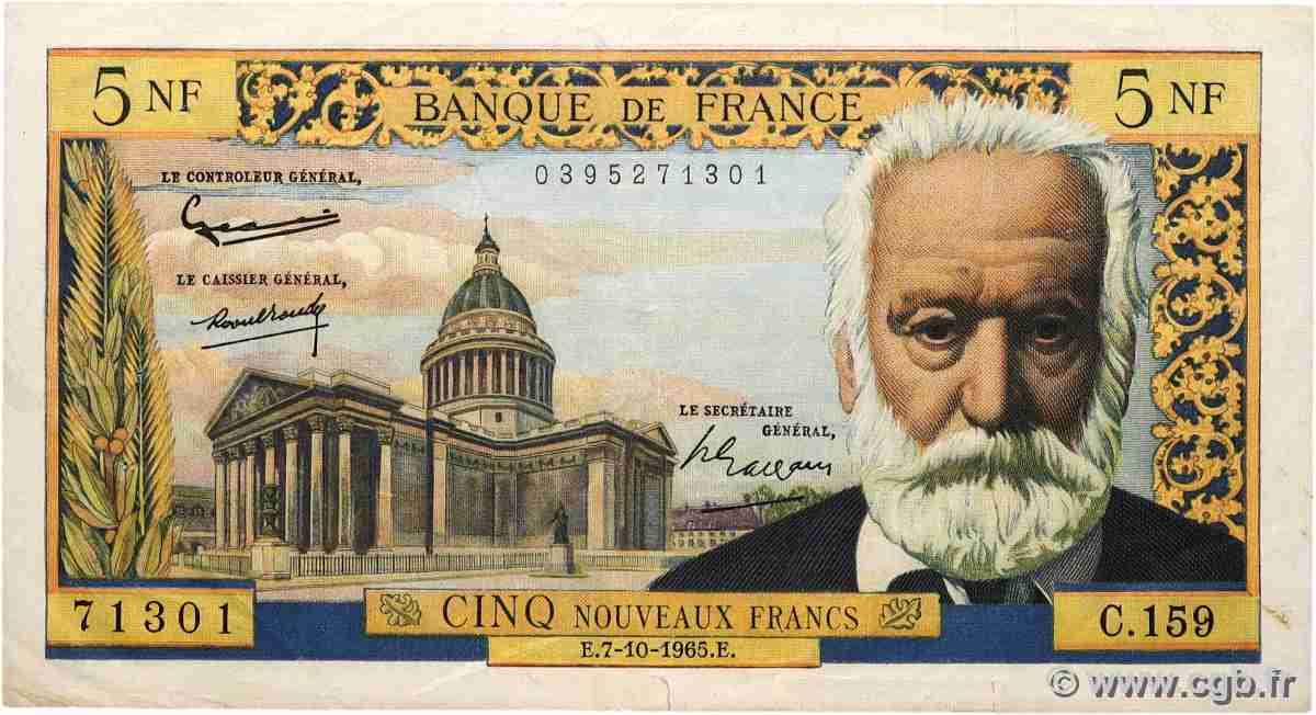 5 Nouveaux Francs VICTOR HUGO FRANCE  1965 F.56.20 VF