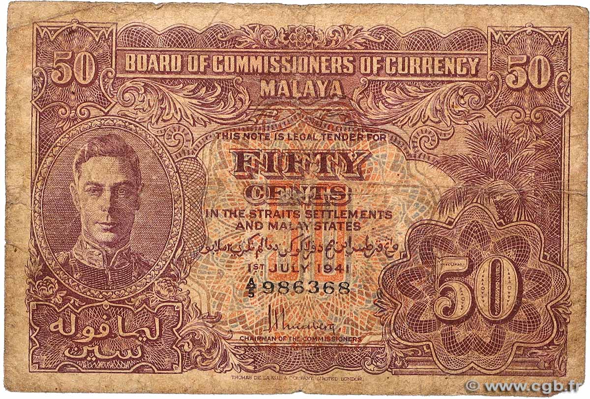 50 Cents MALAYA  1941 P.10b B