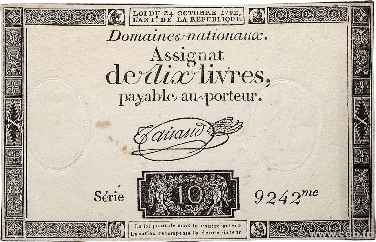 10 Livres filigrane républicain FRANCE  1792 Ass.36b VF+
