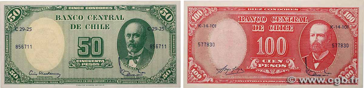 5 Centesimos sur 50 Pesos et 10 Centesimos sur 100 Pesos Lot CHILE  1960 P.126b et P.127a FDC