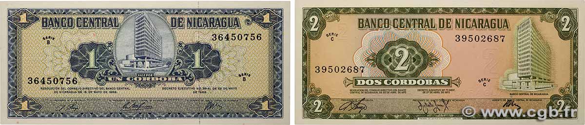 1 et 2 Cordoba Lot NICARAGUA  1968 P.115a et P.121a NEUF