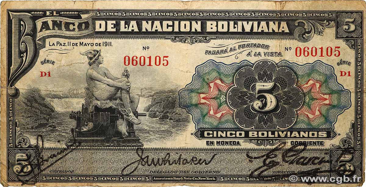 5 Bolivianos BOLIVIE  1911 P.105b pr.TB