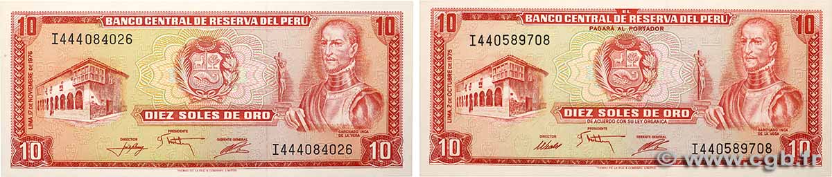 10 Pesos oro Lot PÉROU  1975 P.106 et P.112 NEUF
