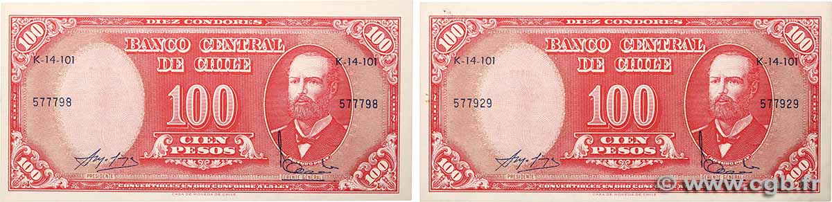 10 Centesimos sur 100 Pesos Lot CHILI  1960 P.127a SPL+