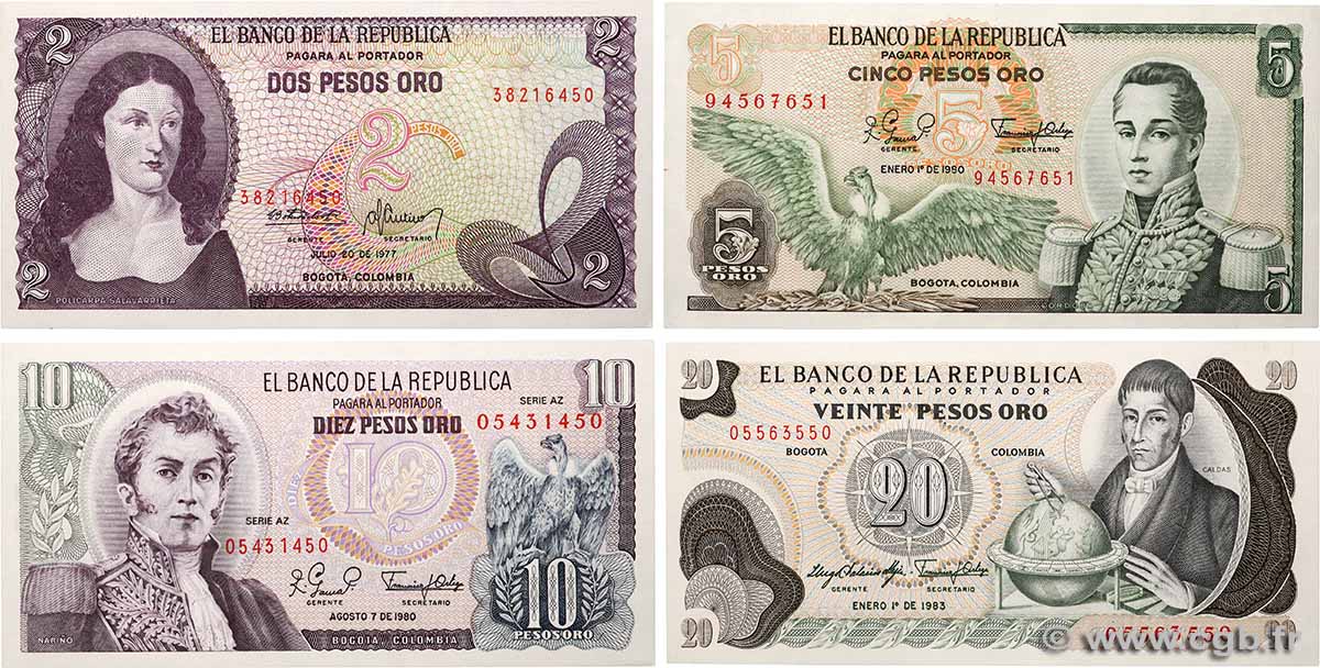 2 à 20 Pesos oro Lot COLOMBIE  1983 P.406f, P.407g, P.409d et P.413b pr.NEUF
