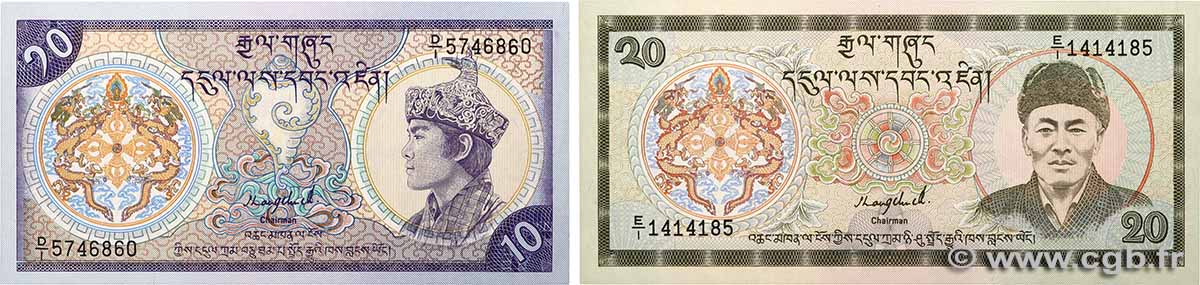 10 et 20 Ngultrum Lot BHOUTAN  1986 P.15a et P.16a NEUF