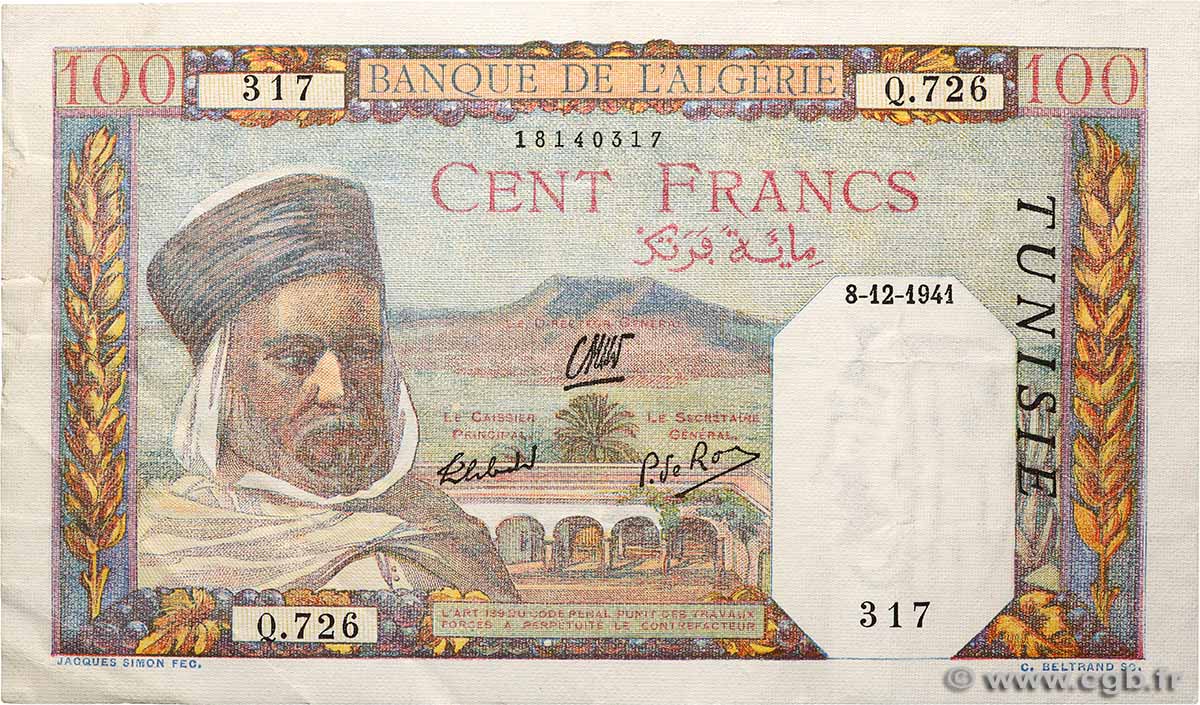 100 Francs TUNISIE  1941 P.13a TTB