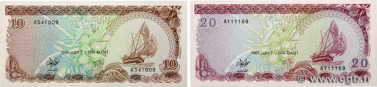 10 et 20 Rufiyaa Lot MALDIVES  1983 P.11a et P.12a NEUF