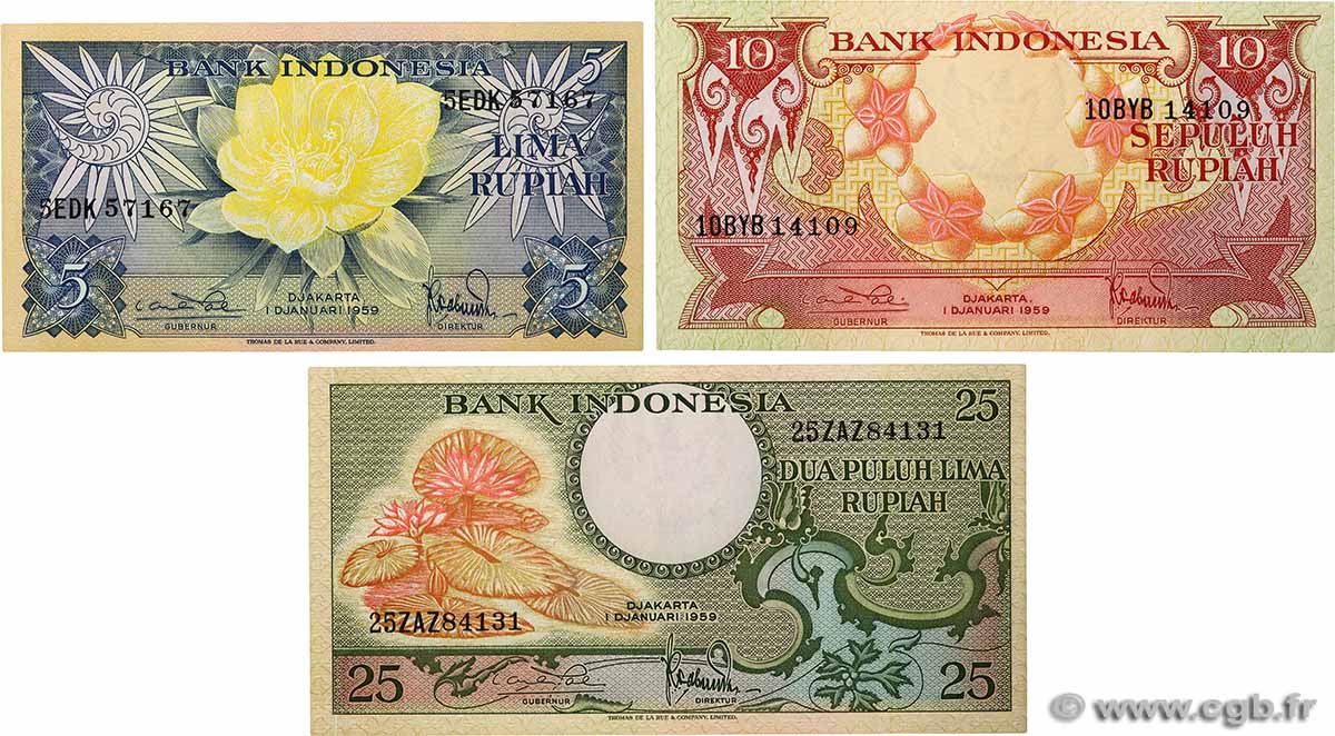 5 à 25 Rupiah Lot INDONESIA  1959 P.065, P.066 et P.067 SC+
