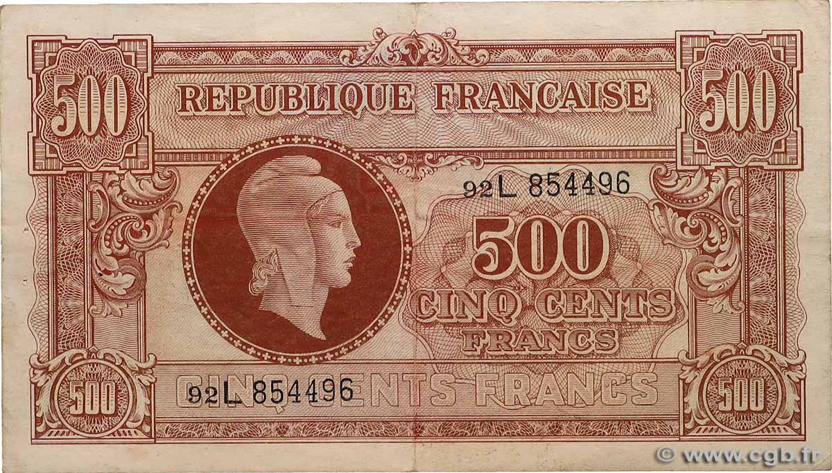 500 Francs MARIANNE fabrication anglaise FRANCE  1945 VF.11.01 VF+