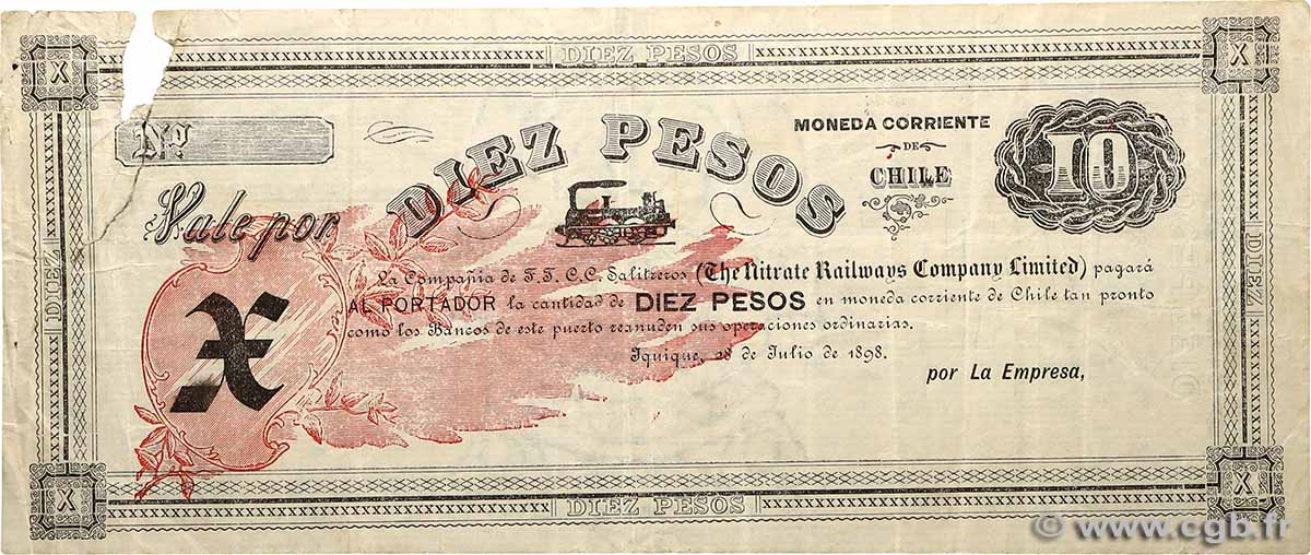10 Pesos CHILE Iquique 1898 P.- BC+