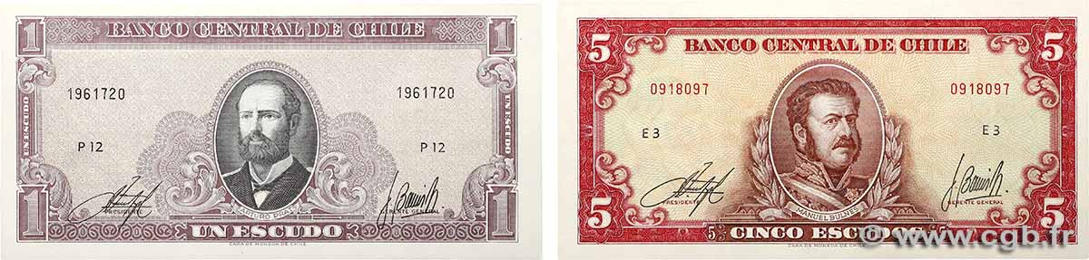 1 et 5 Escudos Lot CHILE  1964 P.136 et P.138 UNC