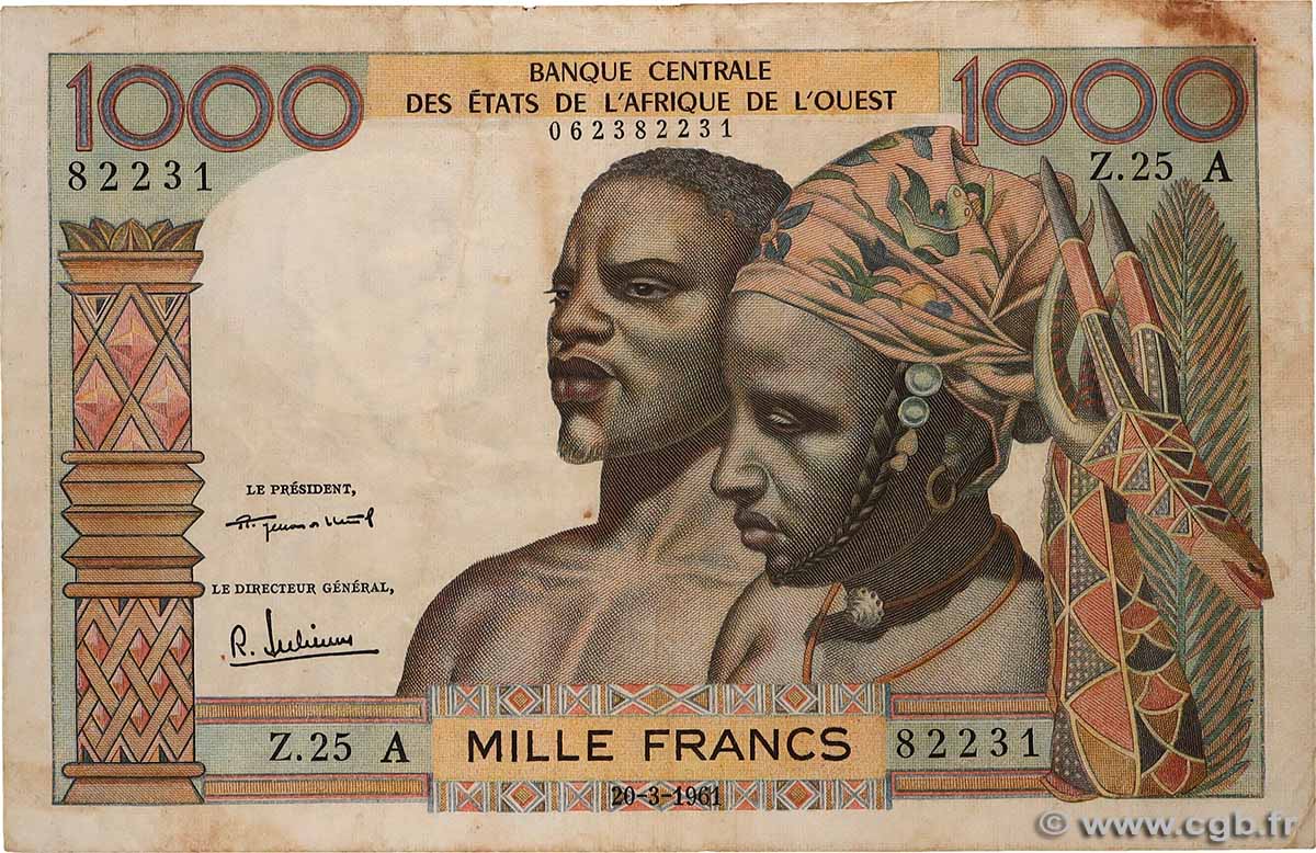 1000 Francs ÉTATS DE L&nbsp;AFRIQUE DE L&nbsp;OUEST  1961 P.103Ab TB