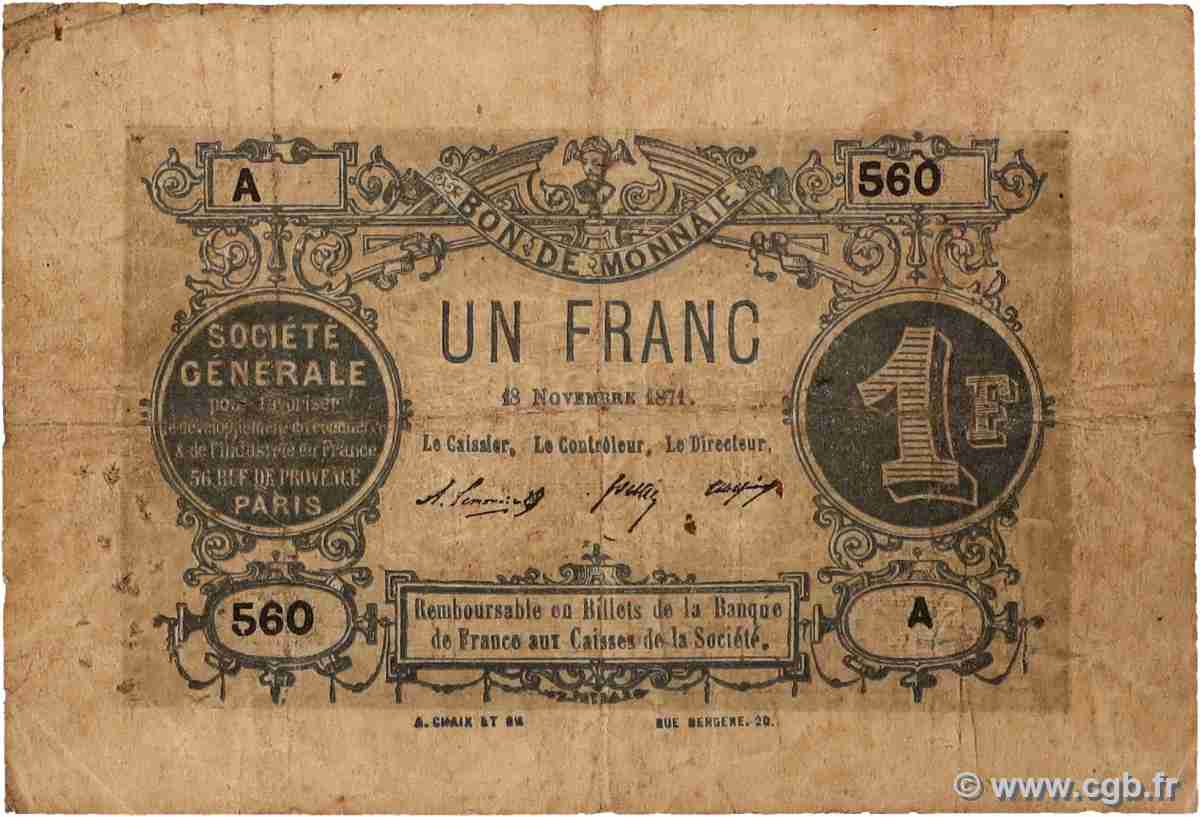 1 Franc Société Générale FRANCE regionalism and miscellaneous Paris 1871 JER.75.02A VG