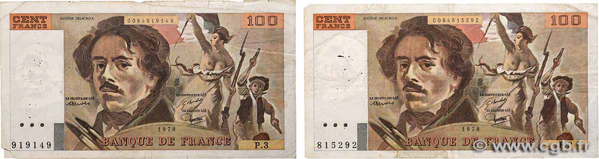 100 Francs DELACROIX Lot FRANCIA  1978 F.68.03 RC+