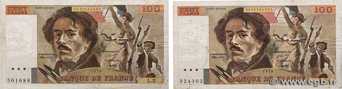 100 Francs DELACROIX Lot FRANCE  1978 F.68.02 pr.TB