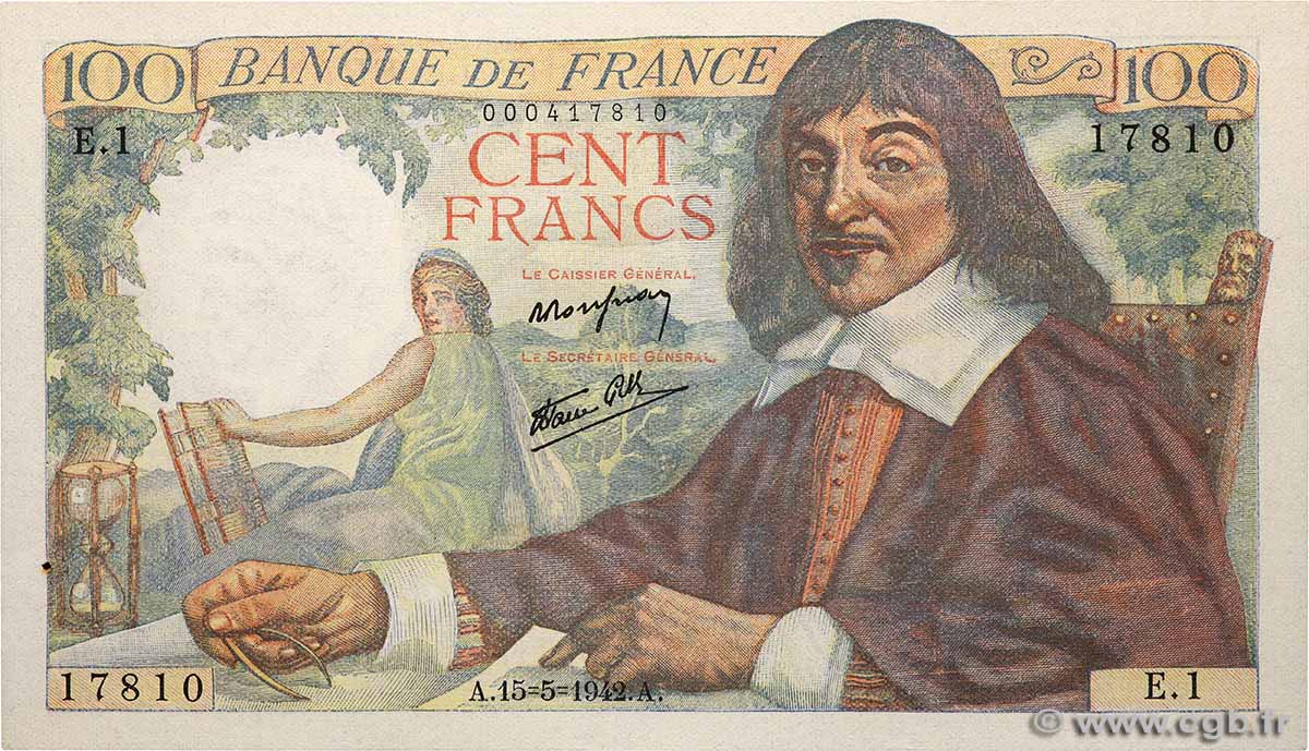 100 Francs DESCARTES FRANCE  1942 F.27.01 XF+