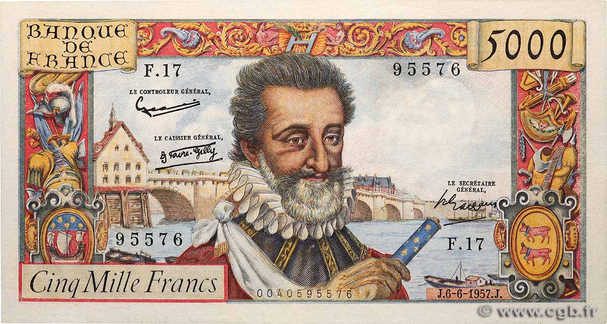 5000 Francs HENRI IV FRANKREICH  1957 F.49.02 VZ