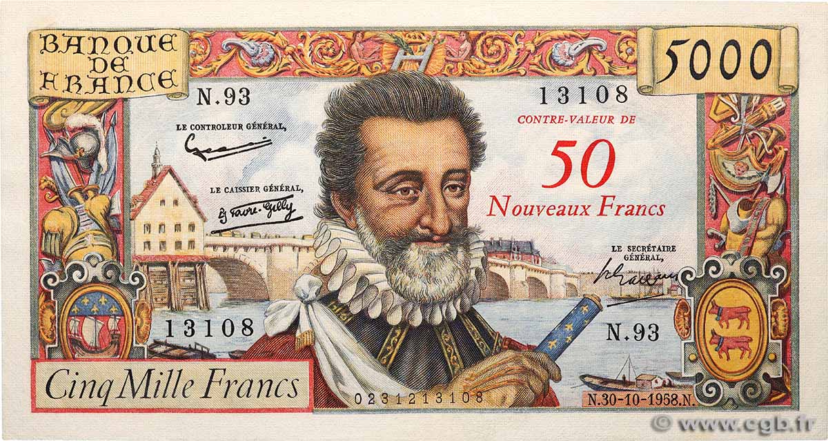 50 NF sur 5000 Francs HENRI IV FRANCE  1958 F.54.01 SUP