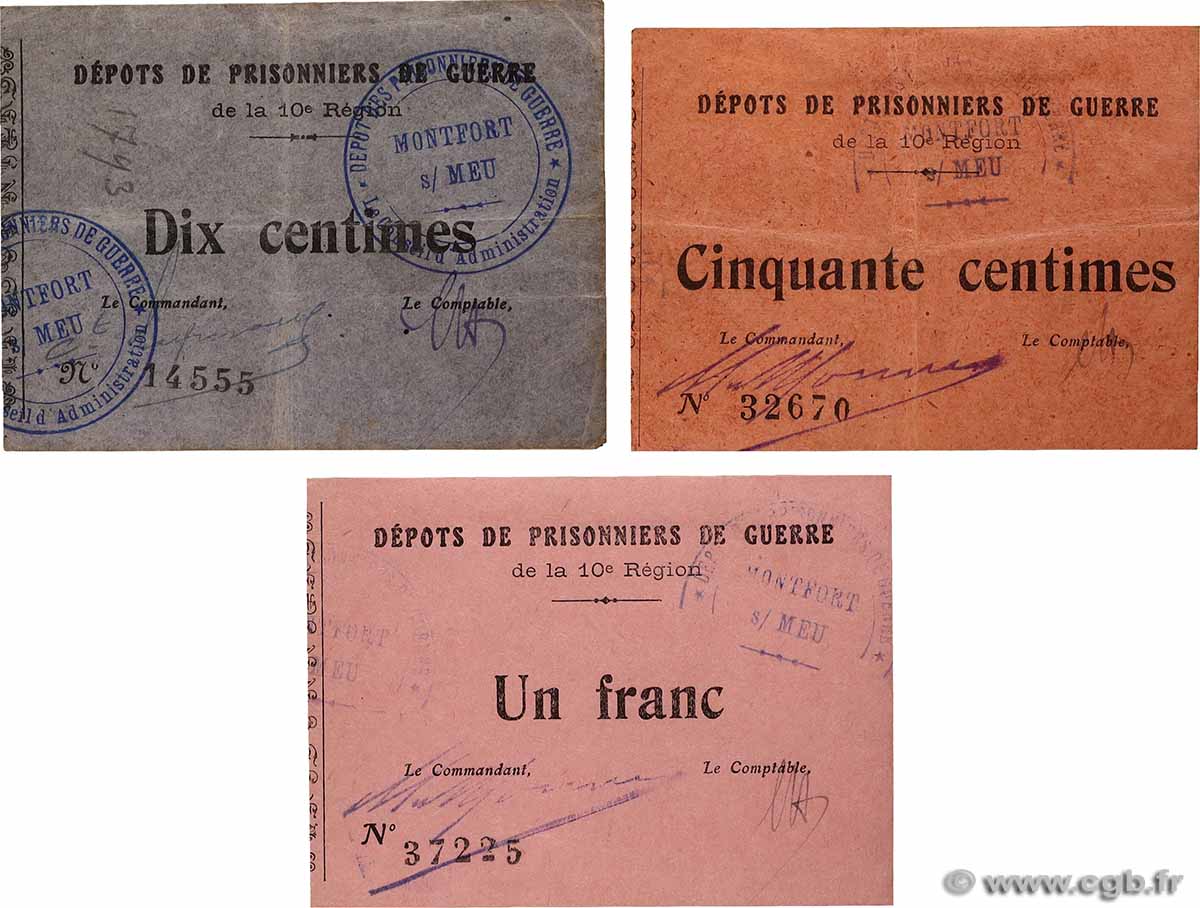 10, 50 Centimes et 1 Franc Lot FRANCE Regionalismus und verschiedenen Montfort-sur-Meu 1918 JP.- fVZ