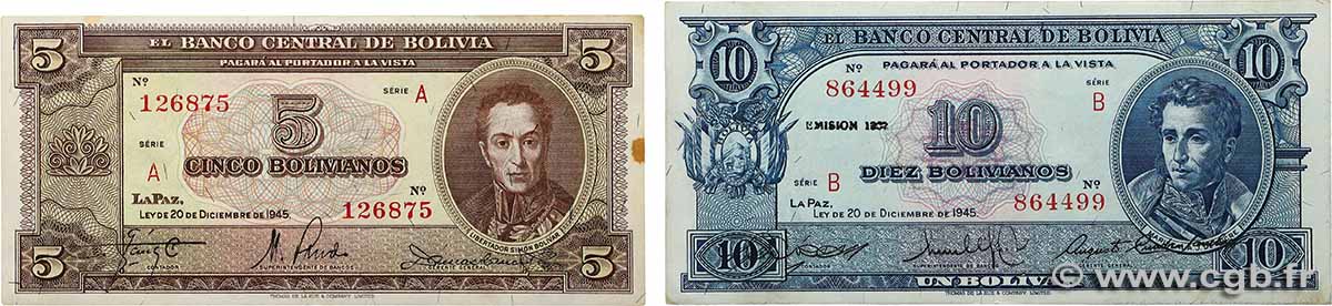 5 et 10 Bolivianos Lot BOLIVIE  1945 P.138a et P.139b SUP+