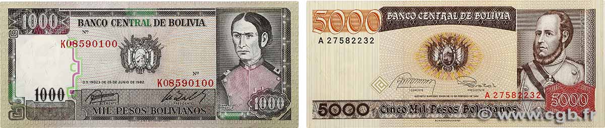 1000 et 5000 Bolivianos Lot BOLIVIE  1982 P.167a et P.167a pr.NEUF