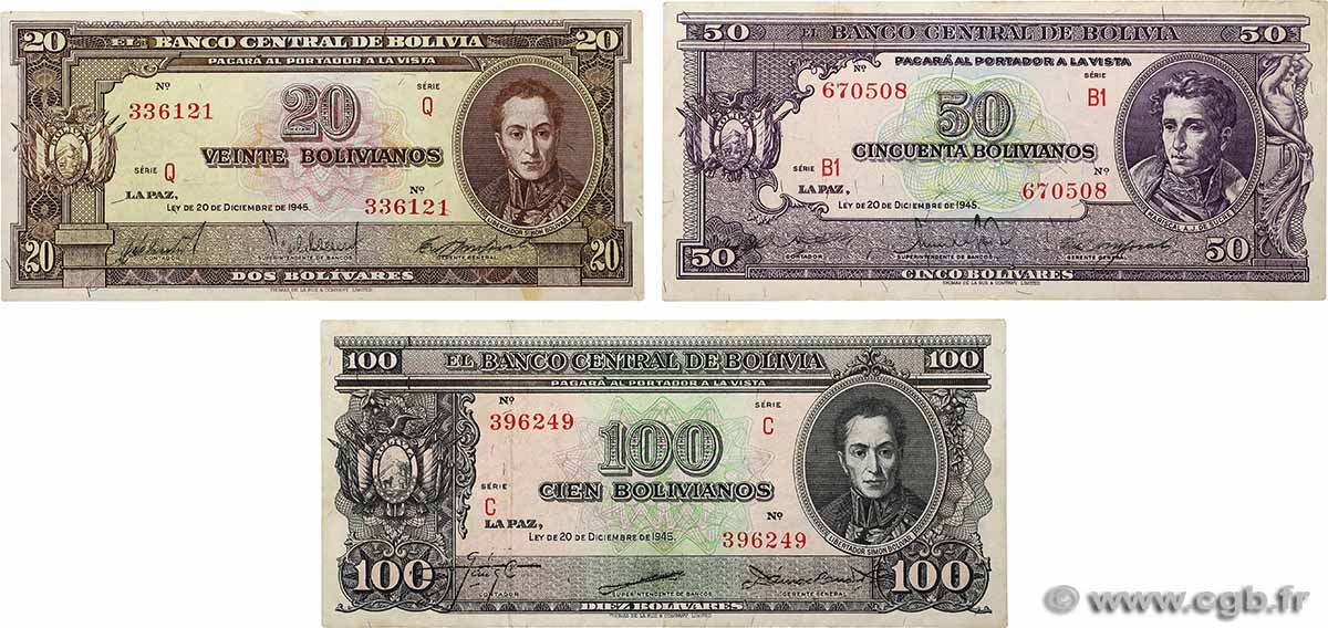 20, 50 et 100 Bolivianos Lot BOLIVIE  1945 P.140a, P.141 et P.142 SUP
