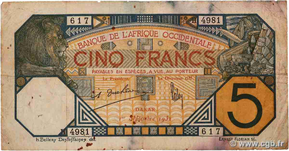 5 Francs DAKAR AFRIQUE OCCIDENTALE FRANÇAISE (1895-1958) Dakar 1932 P.05Be B+