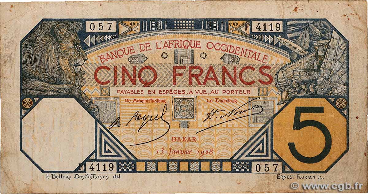 5 Francs DAKAR AFRIQUE OCCIDENTALE FRANÇAISE (1895-1958) Dakar 1928 P.05b B+