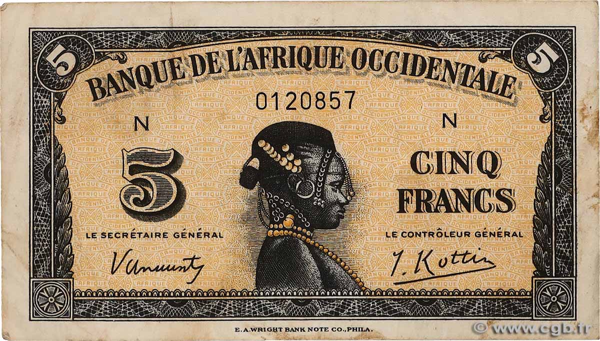5 Francs  AFRIQUE OCCIDENTALE FRANÇAISE (1895-1958)  1942 P.28a TTB+