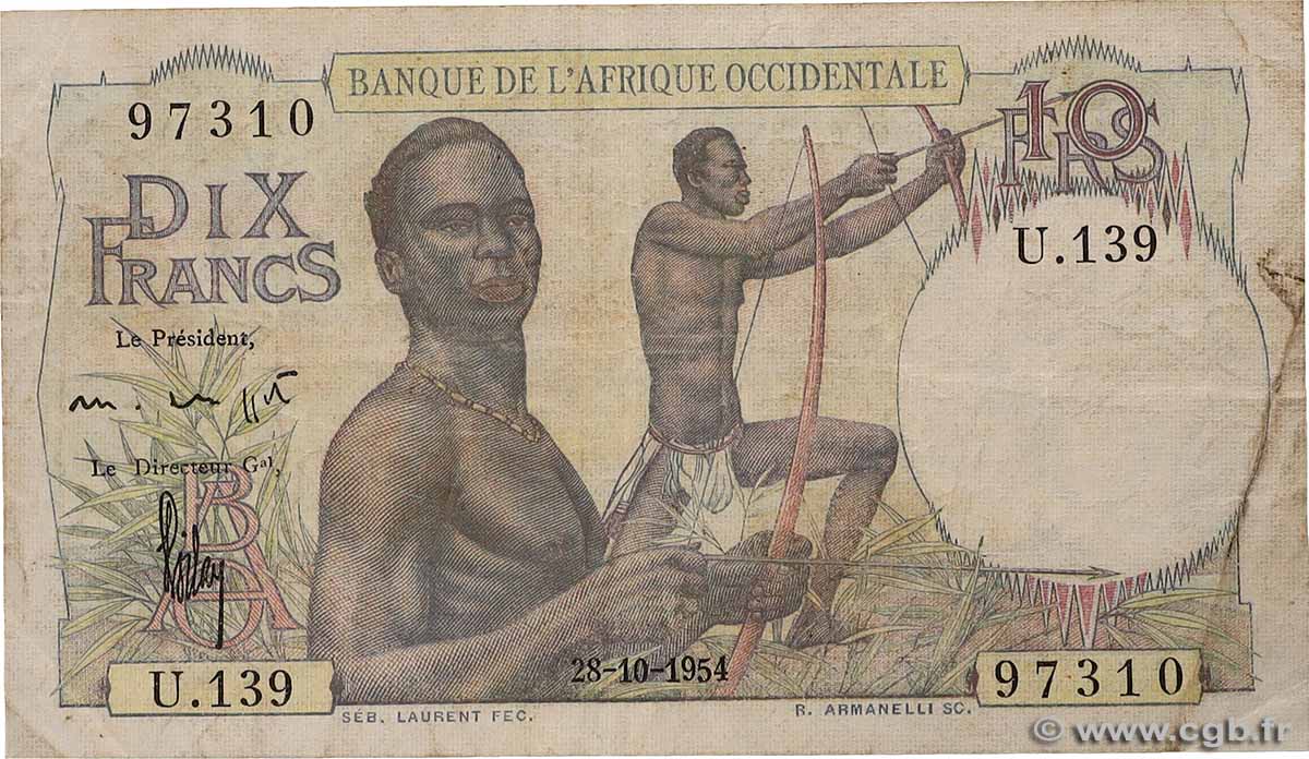 10 Francs FRENCH WEST AFRICA  1954 P.37 BC+