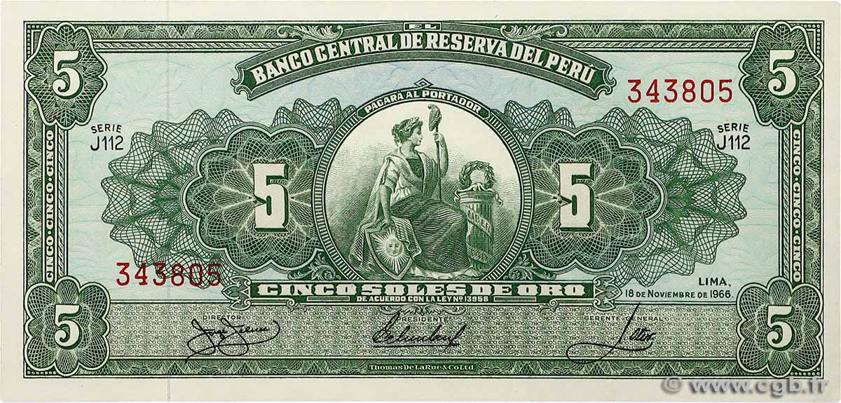 5 Soles de Oro PERú  1966 P.083 SC+