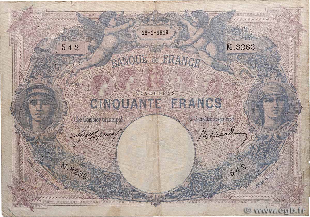 50 Francs BLEU ET ROSE FRANCE  1919 F.14.32 B+