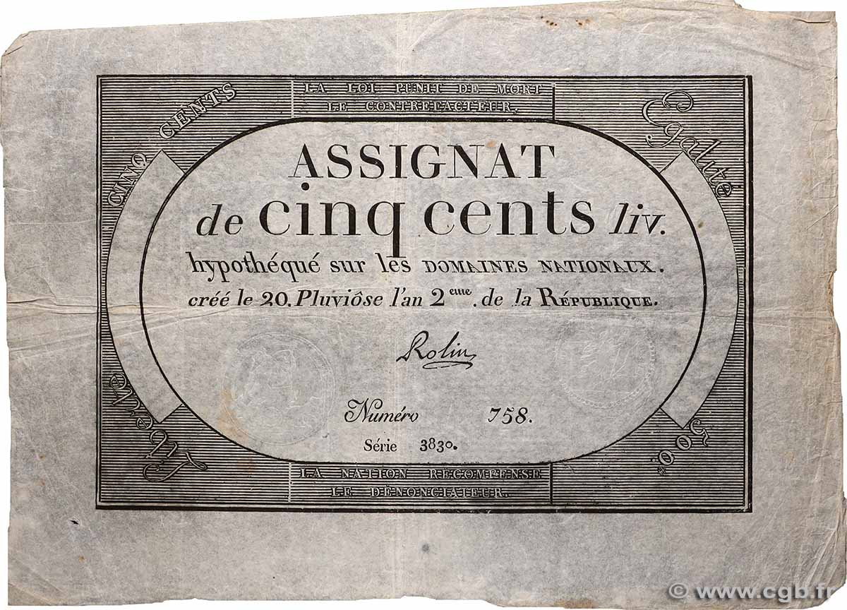 500 Livres FRANCE  1794 Ass.47a F+