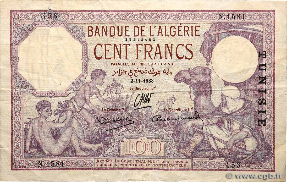100 Francs TUNISIE  1938 P.10c TB