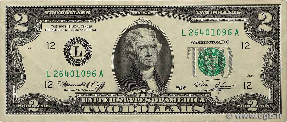 2 Dollars ÉTATS-UNIS D&nbsp;AMÉRIQUE San Francisco 1976 P.461 TTB
