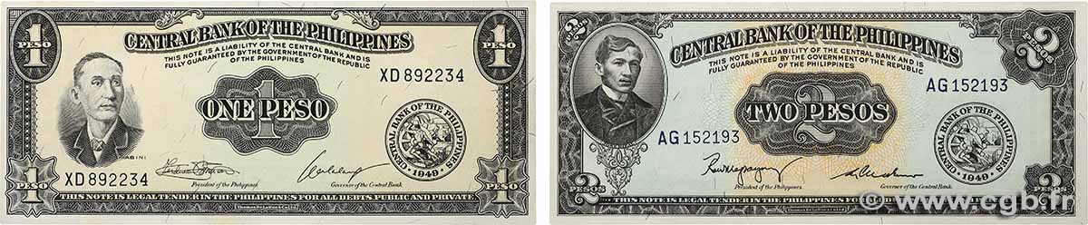 1 et 2 Pesos Lot PHILIPPINES  1949 P.133h et P.134b NEUF