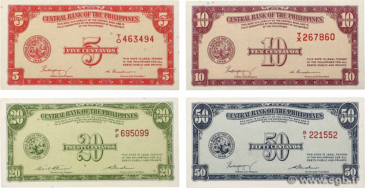5, 10, 20 et 50 Centavos Lot PHILIPPINES  1942 P.126, P.120, P.130b et P.131a NEUF