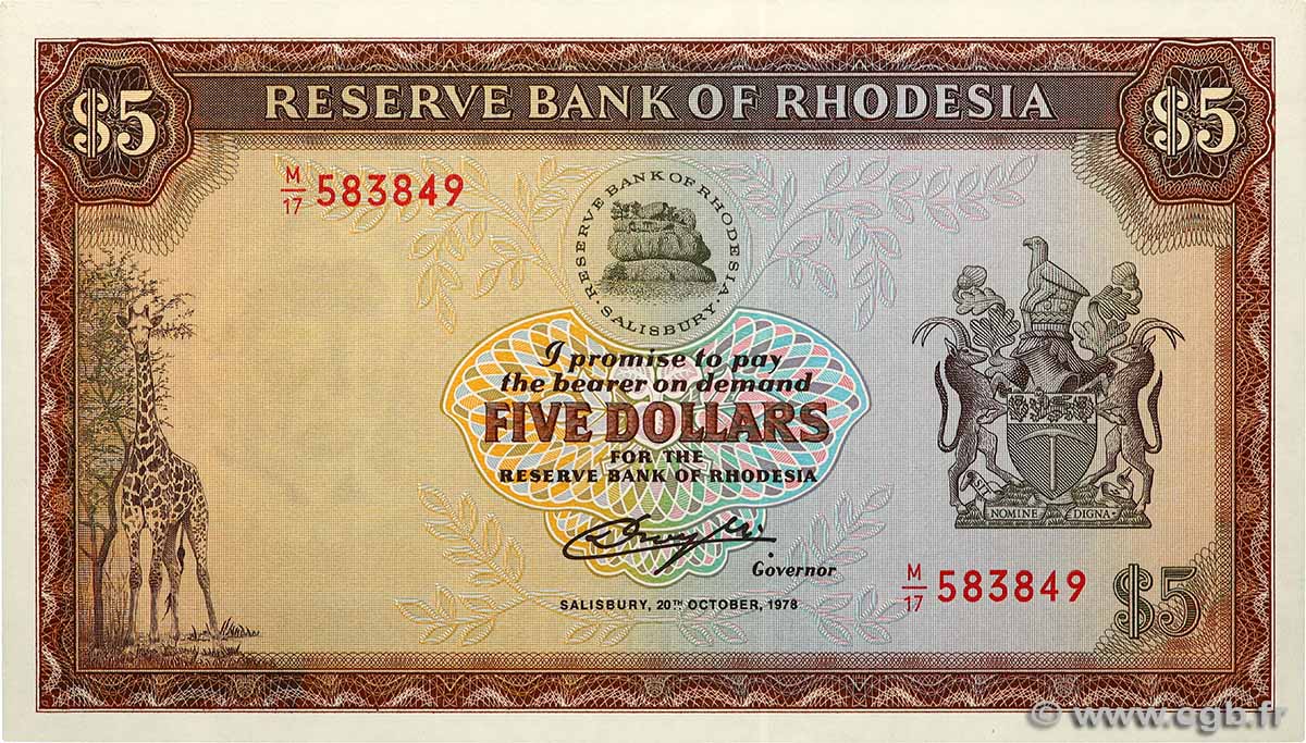 5 Dollars RHODÉSIE  1978 P.36b NEUF