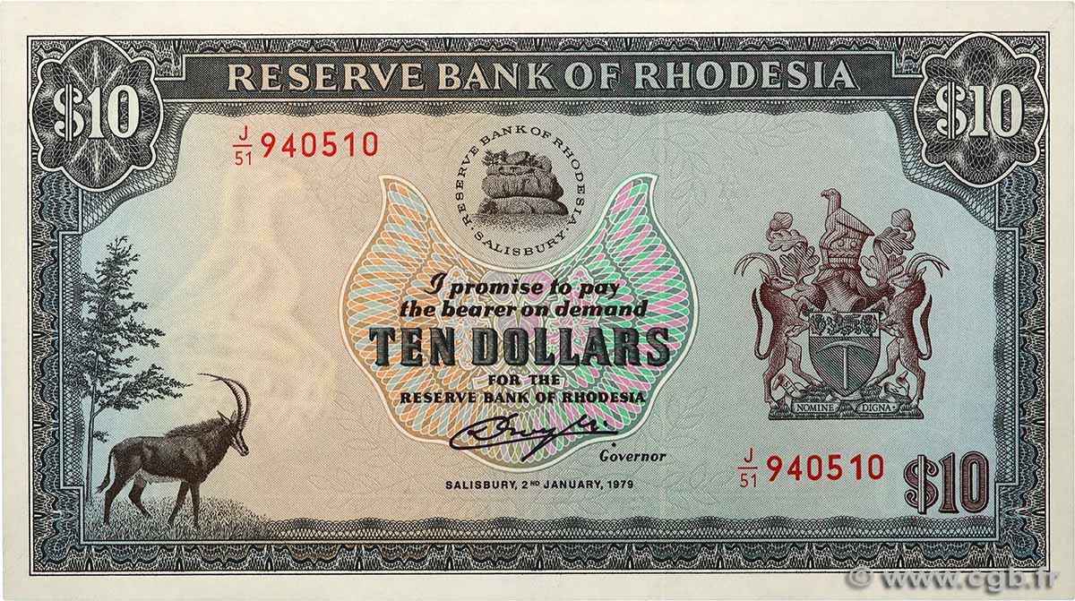 10 Dollars RHODÉSIE  1979 P.41a pr.NEUF