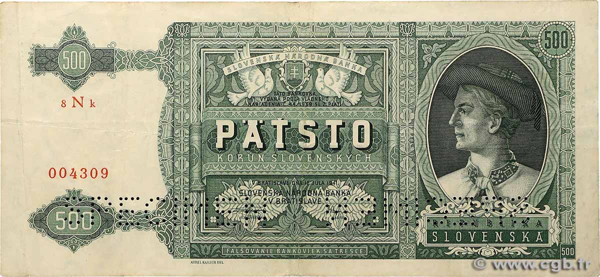 500 Korun Spécimen SLOVAQUIE  1941 P.12s TB+