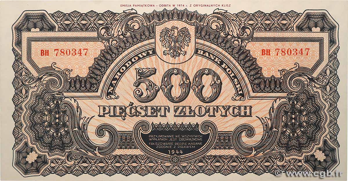 500 Zlotych POLOGNE  1944 P.CS3 pr.NEUF