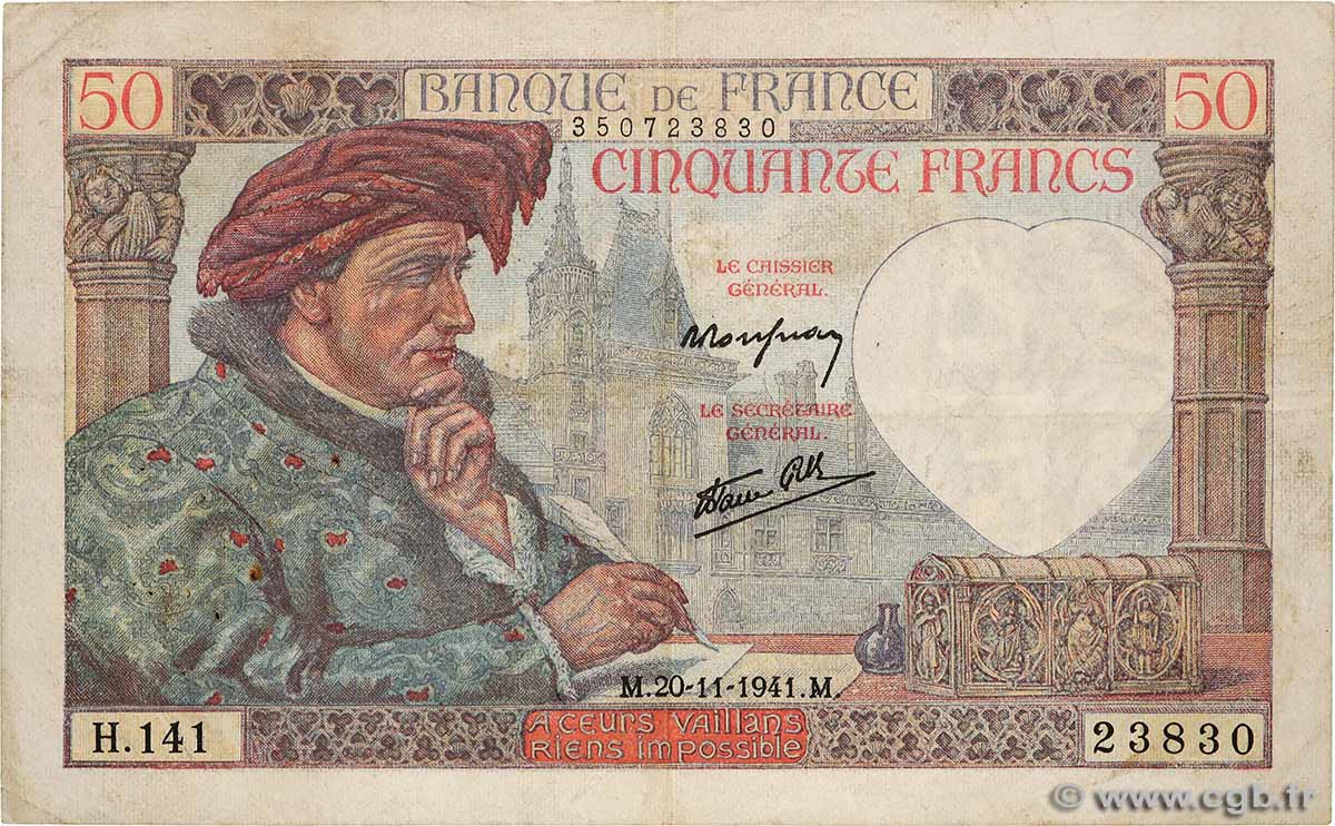 50 Francs JACQUES CŒUR Lot FRANCE  1941 F.19.16 TB