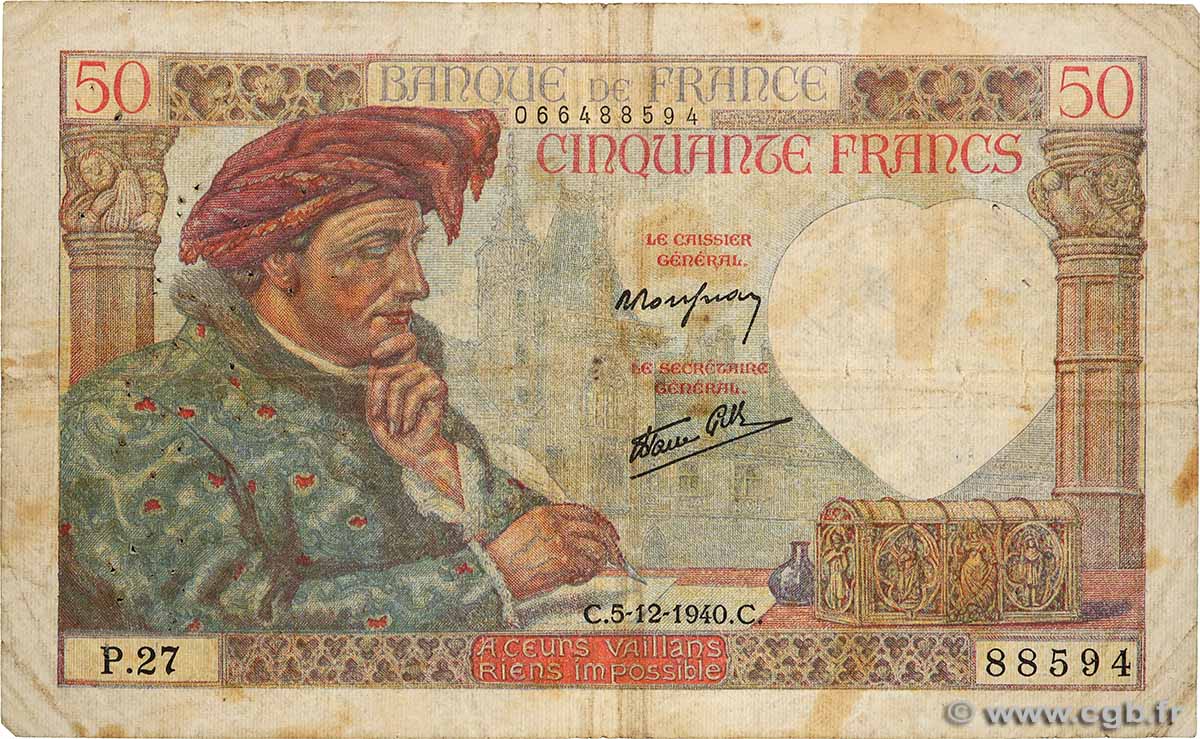 50 Francs JACQUES CŒUR FRANCE  1940 F.19.04 B