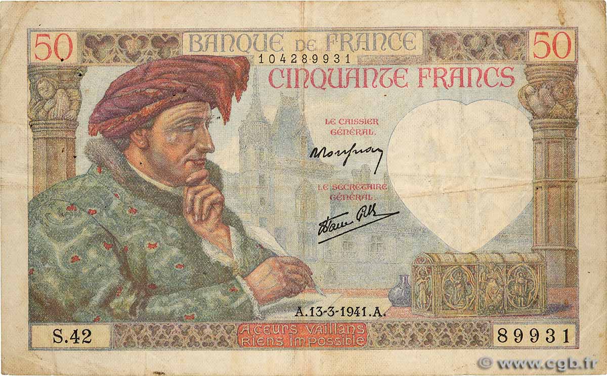 50 Francs JACQUES CŒUR FRANCE  1941 F.19.07 B+
