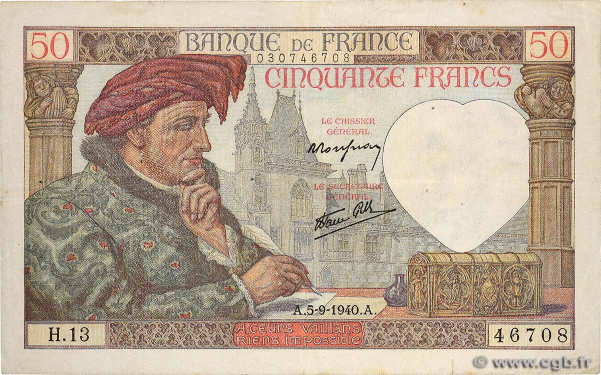 50 Francs JACQUES CŒUR FRANCE  1940 F.19.02 TB