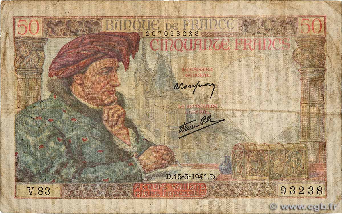 50 Francs JACQUES CŒUR FRANCE  1941 F.19.11 G