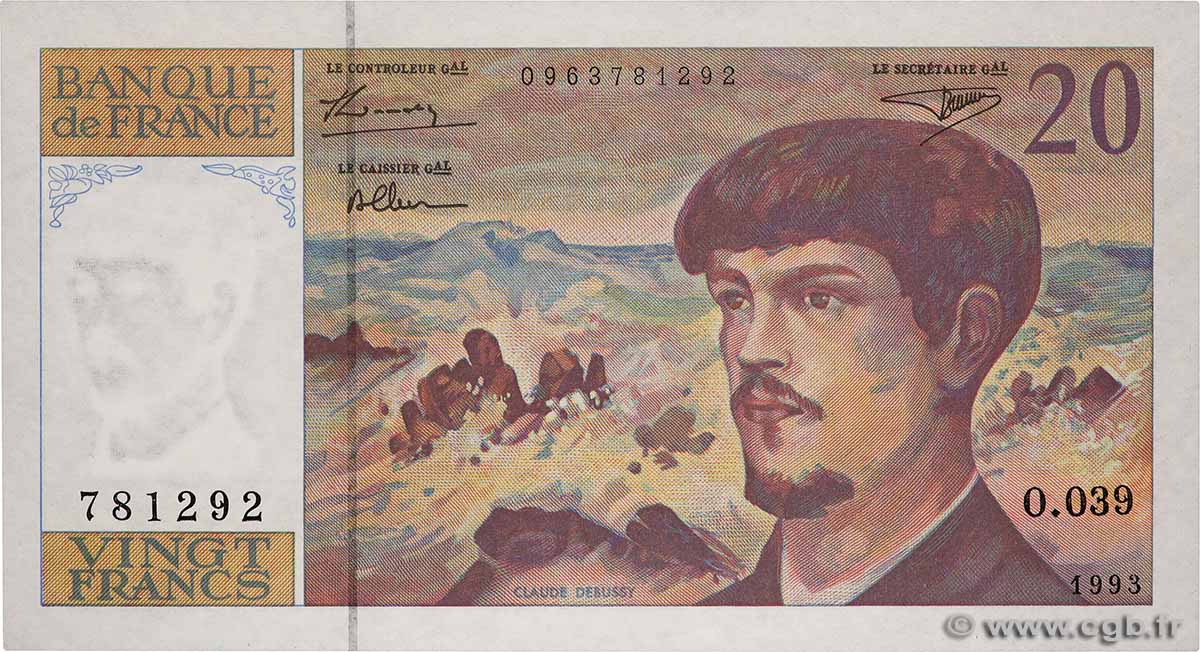 20 Francs DEBUSSY à fil de sécurité FRANCE  1993 F.66bis.04 SUP+